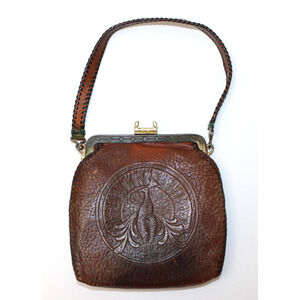 Antique 20s Vintage Art Nouveau Bird Tooled Brown Leather Purse Mini